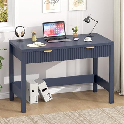 YOMILUVE Fluted Computer Desk with 2 Drawers, 39 Inch Small Computer Desk with Storage, Compact Writing Study Desk for Small Spaces, Blue - color: Blue