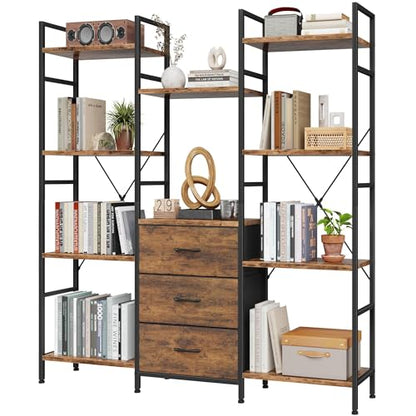 AFLUI Triple Bookshelf with 3 Fabric Drawers, 4-Tier Book Shelf and 10 Display Shelves, Industrial Large Bookcase for Home & Office, Rustic Brown, 47'' Wide - color: Rustic Brown, size: 4 Tier(47" W)