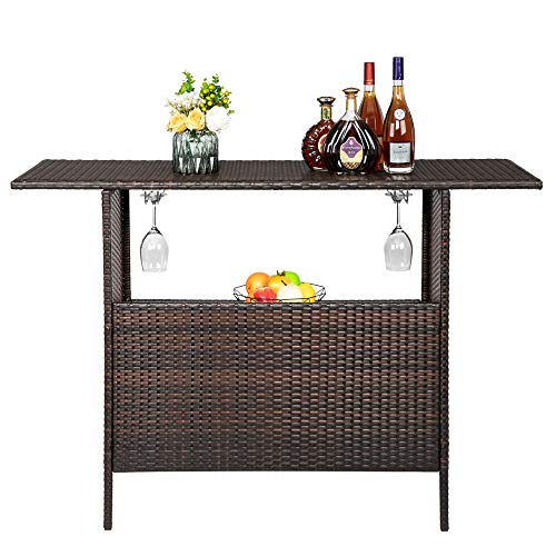 54.7" Patio Wicker Sideboard Buffet Cabinet Prep Table,All Weather Patio Rattan Wicker Bar Table,Outdoor Patio Bar Table,with Storage Shelves,for Party Porch Backyard Garden Poolside (Brown)