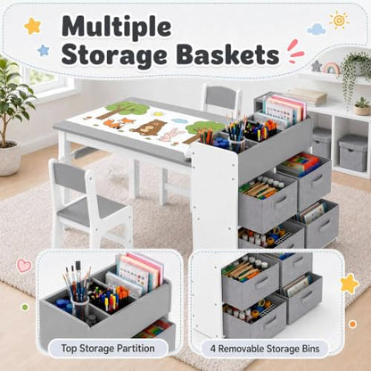 Kids Art Table & 2 Chairs Set, Wooden Activity Craft Desk w/ Paper Roll | Sturdy Wooden Table with Organizers, Open Shelves, Removable Bins, for Toddlers Art Crafts Drawing Painting Writing (Grey) - color: Grey