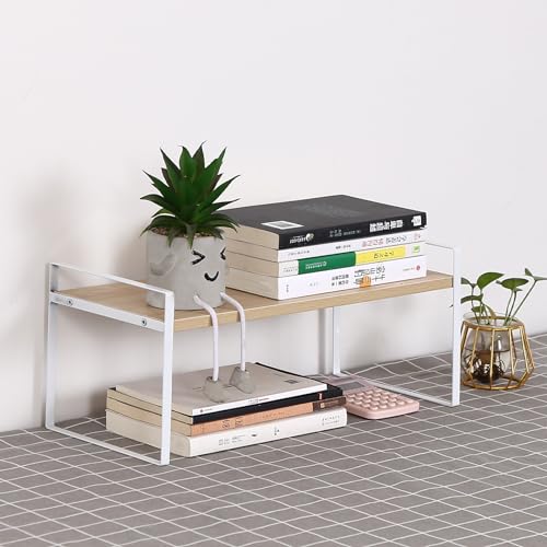 YGYQZ Desk Shelf Organizer for Top of Desk, 1-Tier Desktop Bookshelf, White & Wood - color: 1-tier White/Wood