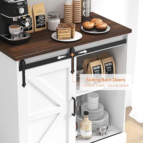 HOMFAMILIA 31.5" H Farmhouse Coffee Bar Cabinet w/Storage, White Kitchen Coffee Station with Sliding Barn Door, Rustic Buffet Cabinet with Adjustable Shelves, for Kitchen, Living Room, White - color: White
