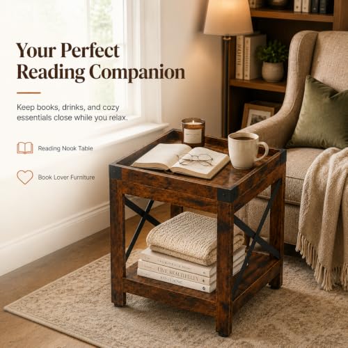 Farmhouse Square Side Table,2-Tier End Table with Storage Shelf | Modern Sofa Couch Table Bedside Nightstand With X-Frame for Living Room Bedroom Office Small spaces,Rustic Brown - color: Rustic Brown, style: Farmhouse