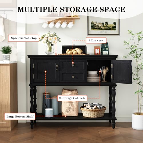 ARTPOWER Console Table with 2 Drawers, Retro Entryway Table with 2 Door Cabinets and Open Storage Shelf, Narrow Long Behind Couch Sofa Table for Living Room, Foyer, Hallway, Black - color: Black