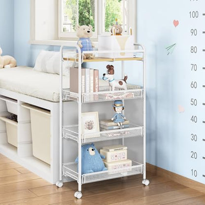 TOOLF 4-Tier Rolling Cart, Metal Utility Cart, Slide Out Storage Cart with Wooden Tabletop and Mesh Baskets, Easy Assemble Trolley for Kitchen Bathroom Laundry Room Bedroom Apartments Dormitory - size: Wide, style: White