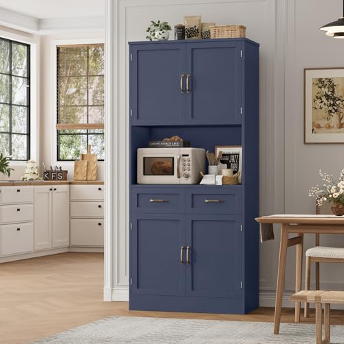 HOSTACK 71" Tall Kitchen Pantry Storage Cabinet, Wood Kitchen Hutch, Blue | Modern Pantry Cabinet with Microwave Stand, Hutch Cabinet with Countertop & Drawers, Storage Cabinet for Living Room - color: Blue + Bronze Handles