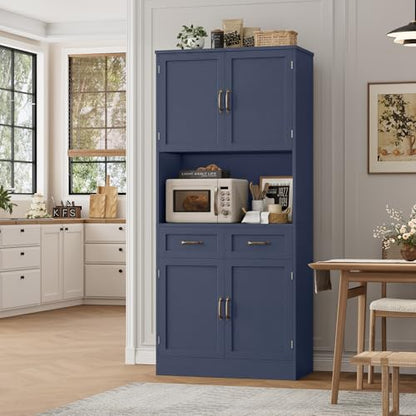 HOSTACK 71" Tall Kitchen Pantry Storage Cabinet, Wood Kitchen Hutch, Blue | Modern Pantry Cabinet with Microwave Stand, Hutch Cabinet with Countertop & Drawers, Storage Cabinet for Living Room - color: Blue + Bronze Handles