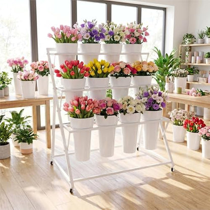 Flower Display Stand with 12 Buckets 3 Tier Flower Cart Display Stand White Metal Flower Bar Stand Moving Flower Stand Floral Bouquet Shelf for Indoor Outdoor Garden Wedding Party