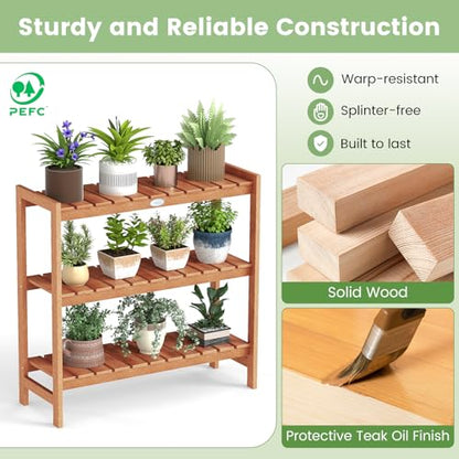 Giantex 3-Tier Plant Stand Indoor, Solid Wood Flower Pot Display Rack w/ Slatted Shelves, Take Oil Finish Bookshelf Shoe Rack, Indoor Outdoor Storage Shelf for Patio Garden Balcony Home Living Room Entryway - size: 13" x 36" x 35"