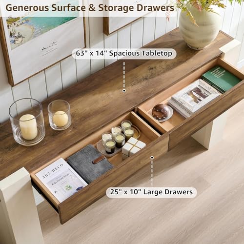 63-Inch Rustic Slim Console Table with Storage, Narrow Entryway Sofa Table with 2 Drawers, Modern Hallway Accent Table Behind Couch for Living Room, Brown Top and White Legs