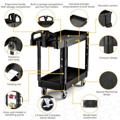 ELAFROS Utility Cart with Ergonomic Handle and Built-in Tool Compartments - 37.5" x 17" Work Cart W/Deep Shelves Safely Holds up to 550 lbs - 2 Tier Rolling Cart,Black