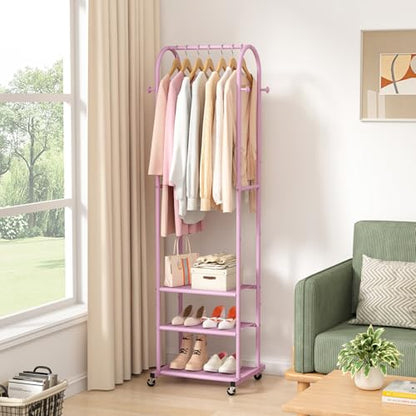 Kaitiemoo Heavy Duty Clothing Rack With Wheels,Modern Garment Rack With 3 Metal Shelves, 71.8Inches Display Rack For Hanging Clothes, Hanging Rod For Small Space,Pink - color: Pink