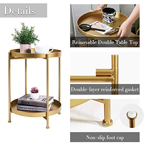 Tiita Round End Table Mental 2-Tier Side Table Nightstand/Small Iron Tables Accent Coffee Table for Living Room Bedroom Office Small Space - color: Teatable-gold