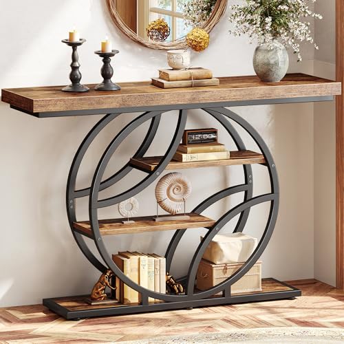 Huuger 47.2 Inch Entryway Table, Industrial Console Sofa Table with Storage, Accent Table with Shelves, for Entry, Hallway, Entrance, Foyer, O-Shaped Metal Frame, Rusitc Brown - color: Rustic Brown, size: 11.8"D x 47.2"W x 33.5"H