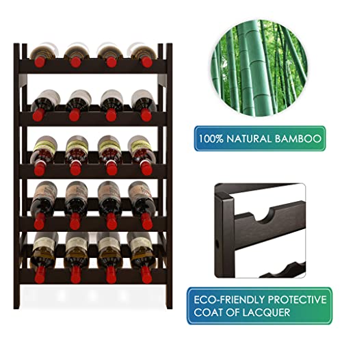 SMIBUY Bamboo Wine Rack, 20 Bottles Display Holder, 5-Tier Free Standing Storage Shelves for Kitchen, Pantry, Cellar, Bar (Dark Brown) - color: Brown