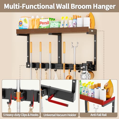 Broom Holder Wall Mount with Cleaning Supplies Organizer, Laundry Room Shelves with Mop Hanger Rack Gripper Hooks and Vacuum Organizer, Broom and Mop Organizer Wall Hanging for Home Garage Kitchen