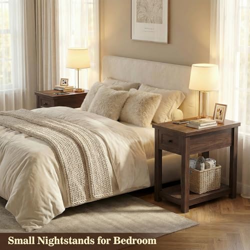 Narrow End Table Set of 2 with Charging Station - Farmhouse Side Tables with Drawers, 14" Wood Nightstands Set of 2 for Bedroom Living Room, Slim Couch Bedside Table Small Spaces, Black Walnut - color: Black Walnut, size: 2 Pack
