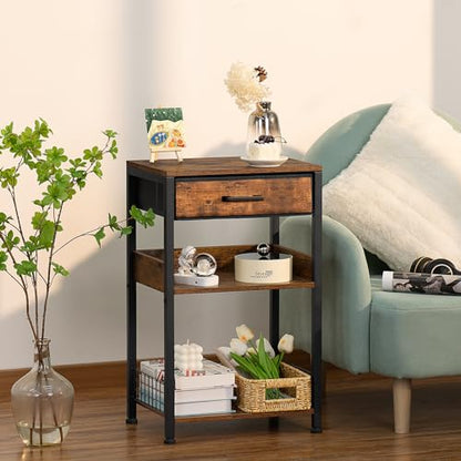 Lerliuo End Table with Fabric Drawer,3 Tier Industrial Wood Side Table with Storage,Modern Tall Printer Stand,Vintage Brown Nightstand,Rustic Bedside Tables for Living Room Bedroom Small Spaces | Three-tier printer stand with fabric drawer and two shelves