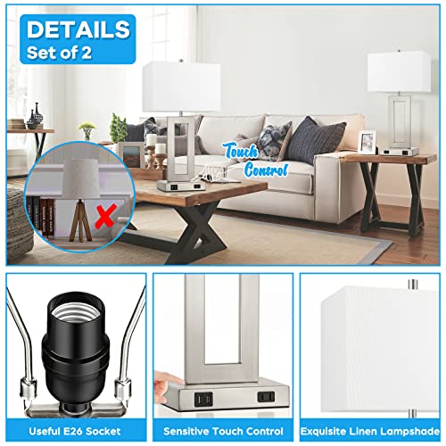 22'' Tall Table Lamps for Bedroom Set of 2, Silver Bedside Touch Control Lamp with 2 USB Ports&AC Outlet, Modern Living Room Table Lamp for Nightstand End Table, 3-Way Dimming with 2 E26 Edison Bulbs | 3 Way Dimmable, Touch Control, White Fabric Shade, E2