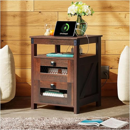 WLIVE Nightstand with Charging Station, Farmhouse End Table, Bed Side Table with 2 Storage Drawers and Open Shelf, Wood Rustic Nightstands for Bedroom, Espresso | Charging Station(2AC+2USB), Farmhouse Design (Cut-out Grills)，Storage(2 Drawers +1 Shelf), E
