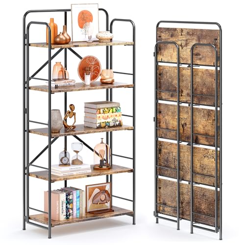 4NM No Assembly Folding Bookshelf, 5 Tiers Collapsible Book Shelves Open Industrial Foldable Storage Bookcase Shelf for Bedroom, Living Room, Home Office - Rustic Brown and Black - color: Rustic Brown and Black, size: 5 Tiers