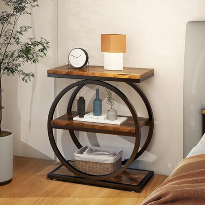 IBUYKE Narrow End Table with 3 Storage Shelves, Industrial Sofa Side Table, Double Round Metal Frames, Slim Nightstand and Bedside Table for Bedroom, Living Room, Rustic Brown UTMJ418H - color: Rustic Brown