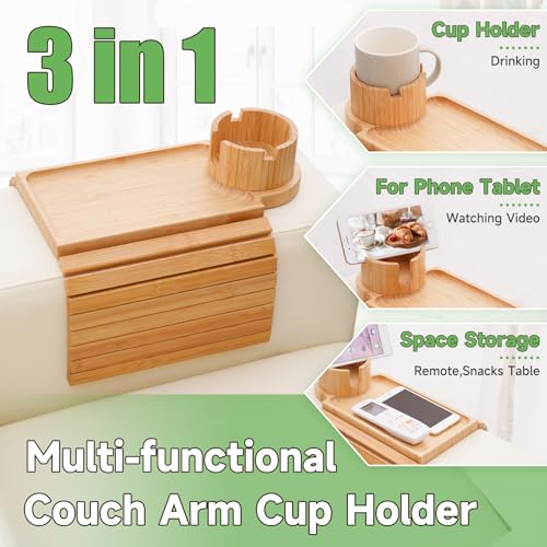 Couch Cup Holder Tray,Large Bamboo Couch Armrest Table with Cup Holder,Foldable Anti-Slip Sofa Arm Tray for Coffee Cup,Water Bottles,Mug,Snacks,Remote - color: Bamboo