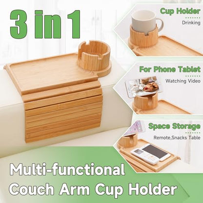 Couch Cup Holder Tray,Large Bamboo Couch Armrest Table with Cup Holder,Foldable Anti-Slip Sofa Arm Tray for Coffee Cup,Water Bottles,Mug,Snacks,Remote - color: Bamboo