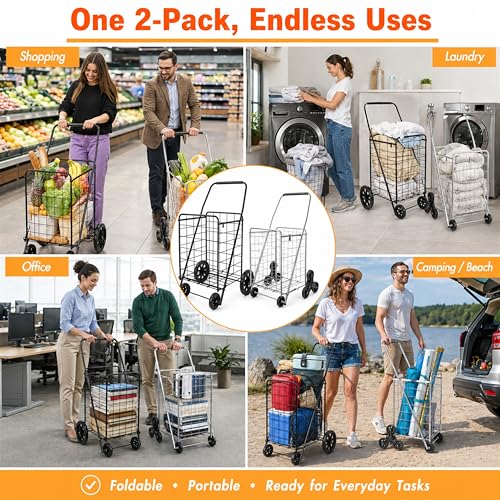 Wellmax 2-Pack Shopping Utility Cart with Stair Climber, Collapsible Folding Cart for Grocery, X-Large and Large (Black and Silver) - size: Large-Medium