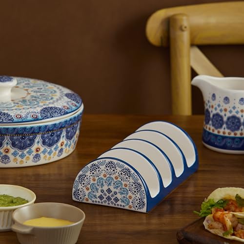 Bico Blue Talavera Ceramic Taco Holder, Taco Stand Rack Tray, Microwave and Dishwasher Safe - color: Blue Talavera