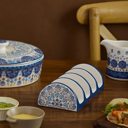 Bico Blue Talavera Ceramic Taco Holder, Taco Stand Rack Tray, Microwave and Dishwasher Safe - color: Blue Talavera