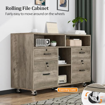 VINGLI Wide 4 Drawer File Cabinet with Lock, Rustic Grey Rolling File Cabinet with Open Shelves, Lockable Printer Stand, Letter Sized - color: Rustic Grey