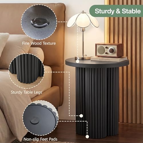 Small Sofa Side Table Set of 2, Fluted Accent Pedestal End Table, Wood Round Night Stand, Farmhouse Bed Side Table Drink Tables for Living Room, Small Spaces (Black-2PCS) - color: Black-2pcs