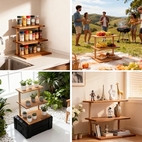Countertop Coffee Station Organizer, 3 Tier Wooden Shelf for Coffee Bar Accessories, Condiment Storage Caddy for Kitchen, Display Rack for Cupcake Tea Cups Kitchen Office.