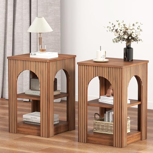weselon End Table Set of 2, Mid-Century Modern Side Table with 3-Tier Storage Shelves and Arched Carving Lines, Square Fluted Nightstand for Living Room, Bedroom, or Office (2, Walnut) - color: Walnut