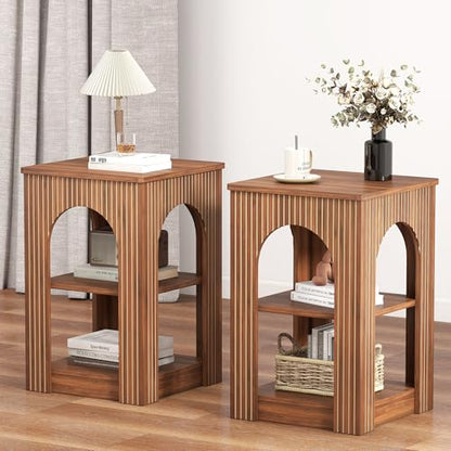 weselon End Table Set of 2, Mid-Century Modern Side Table with 3-Tier Storage Shelves and Arched Carving Lines, Square Fluted Nightstand for Living Room, Bedroom, or Office (2, Walnut) - color: Walnut