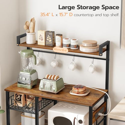 HOOBRO Bakers Rack with Power Outlet, 35.4 Inches Coffee Bar with Mesh Basket, Microwave Stand with 4 S-Shaped Hooks, Kitchen Bakers Rack with Storage, Easy to Assemble, Rustic Brown BF05HB01 - color: Rustic Brown + Black