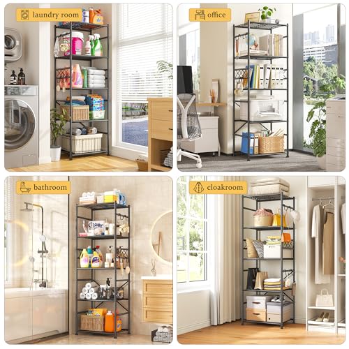DurayLoly Metal Shelving with Hooks & Side Panel for Pantry Storage, 5-Tier | More dense wire diameters, Reinforcing Ribs, Leveling Feet, easy assembly, 550LBS Heavy Duty Shelving, Kitchen Laundry Room - size: 17.7" W x 11.81" D x 58.26" H (5T)