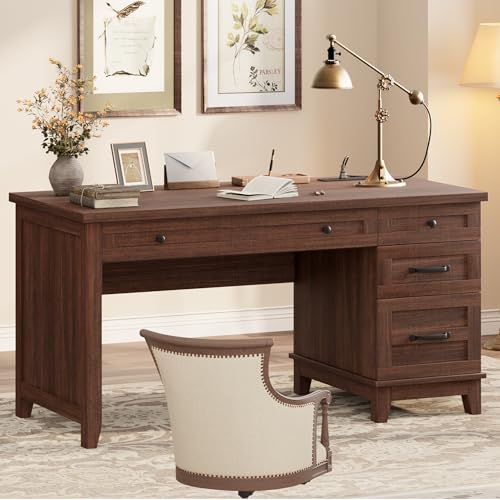 Garvee 53.5" Wooden Home Office Desk with File Drawers, Executive Desk with Power Outlet, Farmhouse Wood Desk with Storage, Distressed Study and Work Table, Rustic Brown - color: Rustic Brown, size: 53.5" W