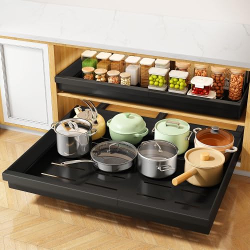 Pull out Cabinet Organizer, 2-Pack Expandable(13.6"-24") Silde out Drawers with Raising Pad for Framed Cabinets, Adjustable Full-Extension Adhesive Roll out Shelves for Kitchen Pantry Home Pot and Pan - color: Black, size: (13.6''-24'')Wide-21''Deep (2Pac