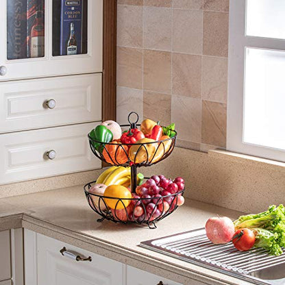 2 Tier Fruit Basket Bowl, Vegetable Organizer, Metal Black | Space-Saving, Home Fruit Rack Stand for Countertop, Storage Bread, Snacks, Fits Under Cabinets - color: 2 Tier-Black
