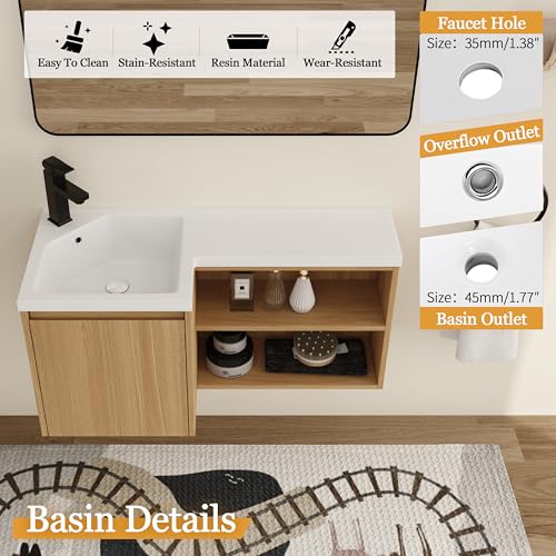 Malwee 36" Corner Floating Bathroom Vanity with Resin Sink, Left Side L-Shaped Wall Mounted Cabinet, Soft Close Door & Open Shelf, Space Saving Vanity for Small Bathroom, Light Brown - size: 36" (Left Sink)