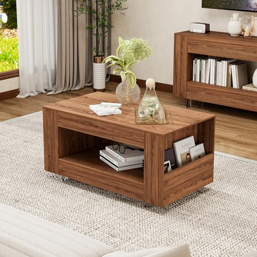39" Coffee Table with Sides Storage & Transparent Legs, Brown Wood Grain | Farmhouse 2-tier small center table with sides storage and transparent legs, perfect for living room, home office - color: Brown Woodgrain, size: 39.37"L*21.65"W*19.69"H