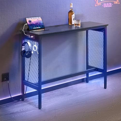 VASAGLE Bar Table with Power Outlets, 47.2 Inches LED Lights Narrow Tall Pub Table, Counter Height Console Desk, Mesh Panels and Metal Frame, for Kitchen, Entryway, Ebony Black and Matte Black - color: Ebony Black + Matte Black, size: 47.2"W, style: Indus