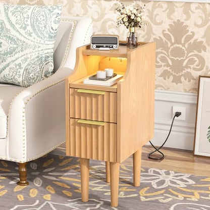 Fluted Narrow Nightstand with Charging Station, Solid Wood Night Stand with 2 Drawers, Natural Mid Century Modern Led Nightstand, Small Beside Table with Open Storage Shelf for Bedroom （10 inch） - color: Natural