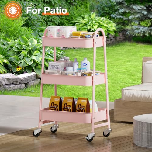 NEWBULIG 3-Tier Metal Rolling Cart with Lockable Wheels, Heavy Duty Mobile Utility Storage Shelf, Roller Book Snack Cart, Organization for Livingroom, Bathroom, Office, Pink | Mobile Organizer Shelf, Space-Saving, Freestanding, Bathroom, Living Room, Slim