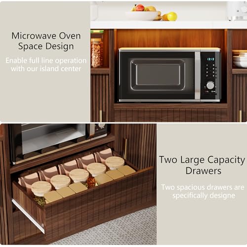 Kitchen Island with Storage, Island Table for Kitchen with Power | Outlet & LED Light, Coffee Bar Cart Rolling Buffet Cabinet with Fluted Sliding Door, 2 Drawers, Large Countertop, Walnut - color: Walnut