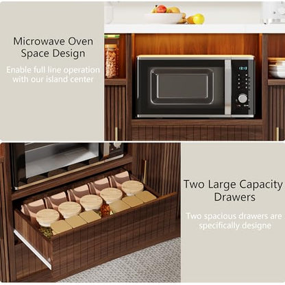 Kitchen Island with Storage, Island Table for Kitchen with Power | Outlet & LED Light, Coffee Bar Cart Rolling Buffet Cabinet with Fluted Sliding Door, 2 Drawers, Large Countertop, Walnut - color: Walnut