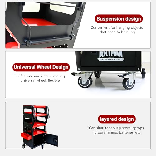4-Level Multi Purpose Tool Trolley Cart with Cabinet & Locking Caster | Mechanic workshop service utility cart, full 360° locking wheels, storage chest organizer for garage repair use