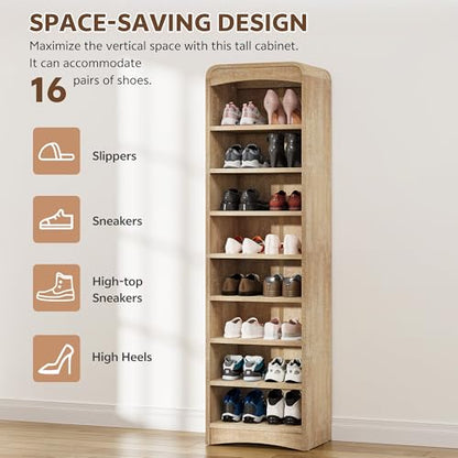 Tall Shoe Cabinet 8-Tier with Adjustable Shelves, Natural | Freestanding Shoes Organizer Cabinet for Entryway, Hallway, Living Room - color: Natural